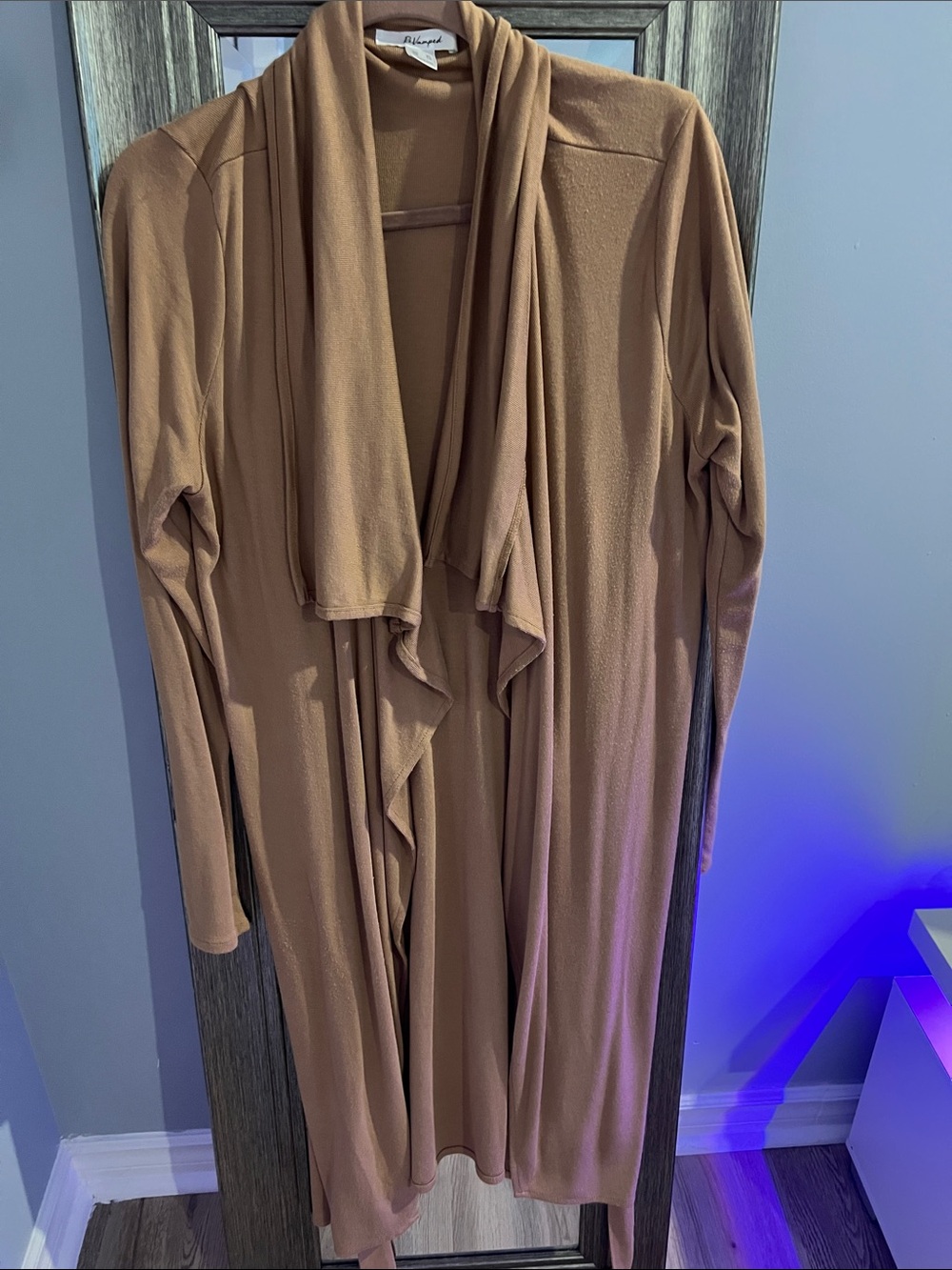 Draped Long Open Cardigan in Camel